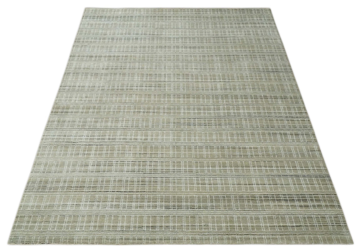 Modern 8x10 Hand Made striped Olive, White and Brown Scandinavian Blended Wool Flatwoven Area Rug | KE33