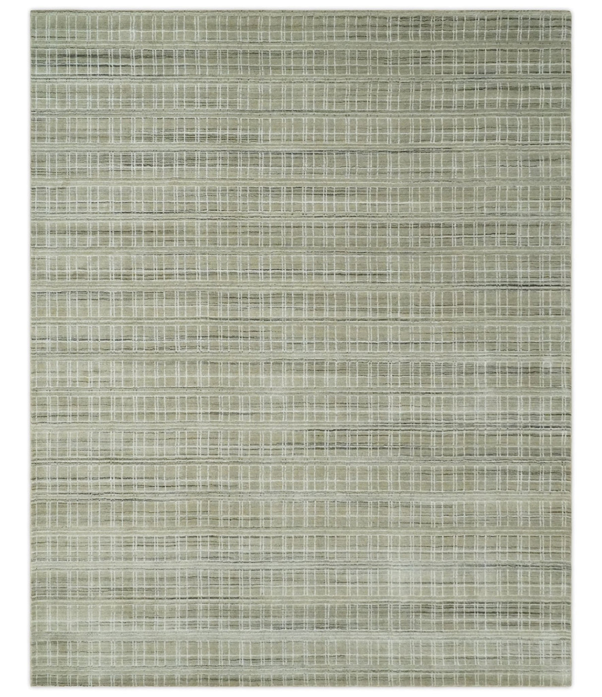 Modern 8x10 Hand Made striped Olive, White and Brown Scandinavian Blended Wool Flatwoven Area Rug | KE33