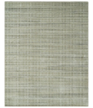 Modern 8x10 Hand Made striped Olive, White and Brown Scandinavian Blended Wool Flatwoven Area Rug | KE33