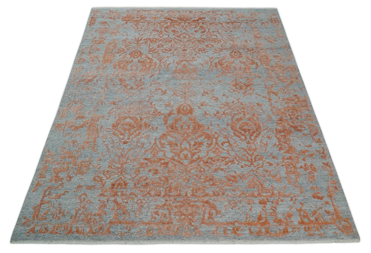 Modern 8x10 Silver and Rust Traditional Carved Pattern Handmade Wool Area Rug
