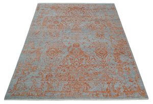 Modern 8x10 Silver and Rust Traditional Carved Pattern Handmade Wool Area Rug
