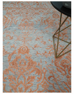 Modern 8x10 Silver and Rust Traditional Carved Pattern Handmade Wool Area Rug