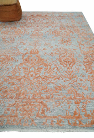 Modern 8x10 Silver and Rust Traditional Carved Pattern Handmade Wool Area Rug