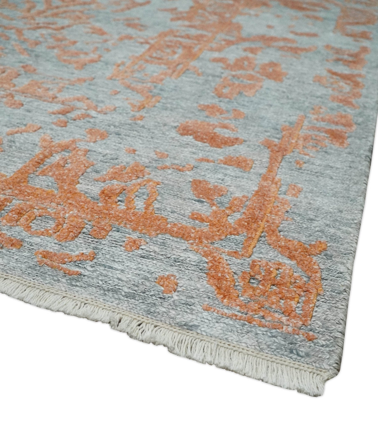 Modern 8x10 Silver and Rust Traditional Carved Pattern Handmade Wool Area Rug