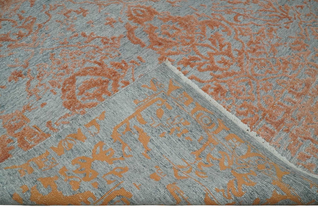 Modern 8x10 Silver and Rust Traditional Carved Pattern Handmade Wool Area Rug