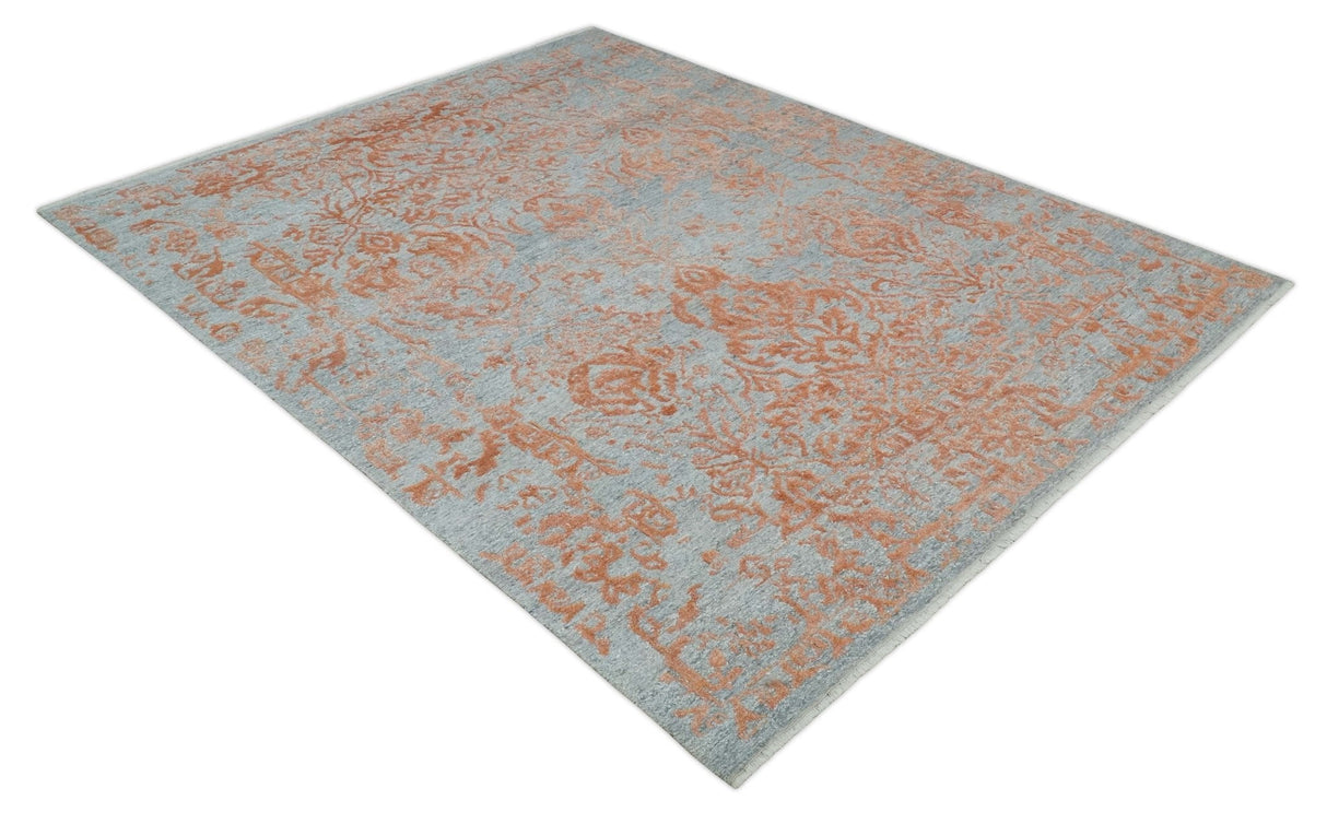 Modern 8x10 Silver and Rust Traditional Carved Pattern Handmade Wool Area Rug