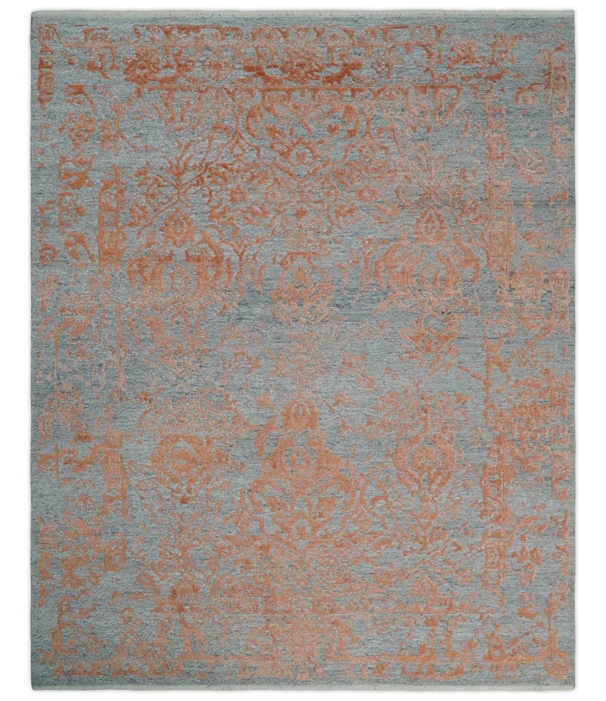 Modern 8x10 Silver and Rust Traditional Carved Pattern Handmade Wool Area Rug