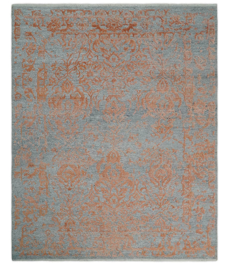Modern 8x10 Silver and Rust Traditional Carved Pattern Handmade Wool Area Rug