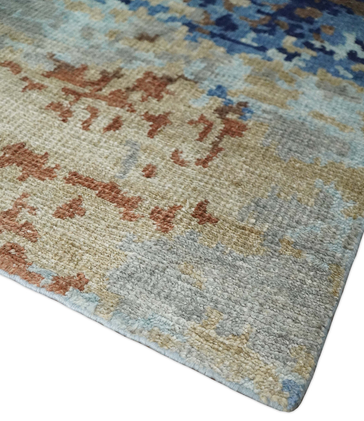 Modern Abstract 2x3 Multi Color Blue, beige Bamboo Silk Hand Knotted Area Rug | N2723