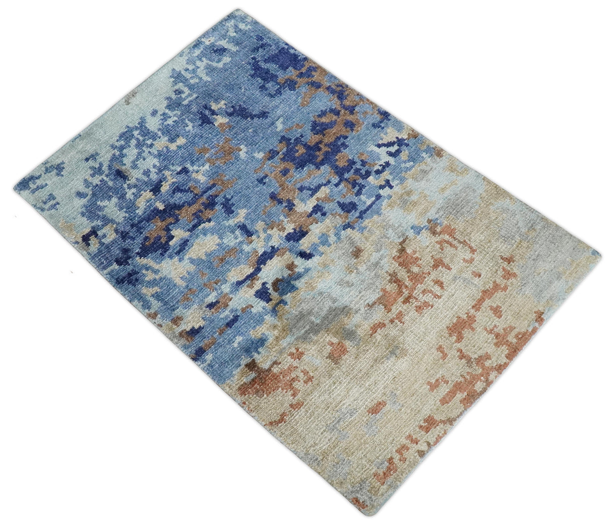 Modern Abstract 2x3 Multi Color Blue, beige Bamboo Silk Hand Knotted Area Rug | N2723