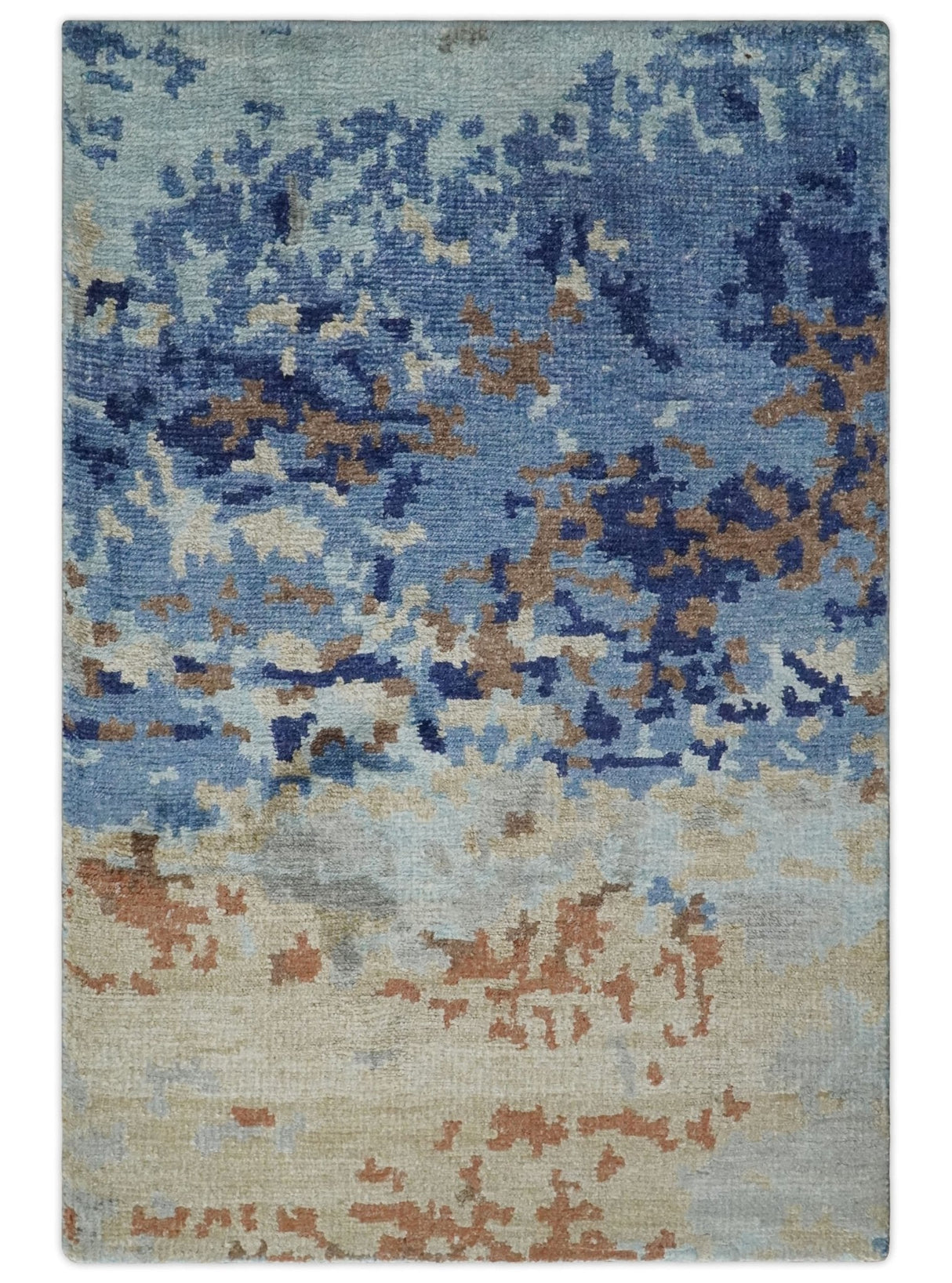 Modern Abstract 2x3 Multi Color Blue, beige Bamboo Silk Hand Knotted Area Rug | N2723