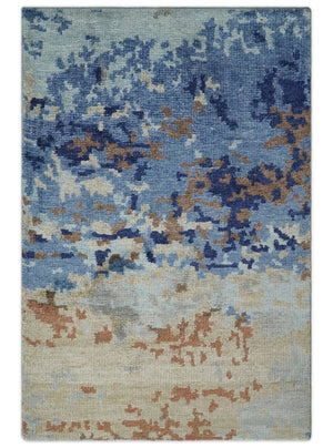 Modern Abstract 2x3 Multi Color Blue, beige Bamboo Silk Hand Knotted Area Rug | N2723