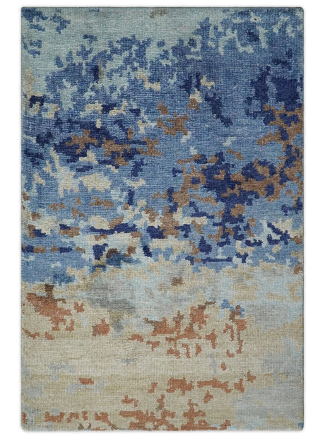 Modern Abstract 2x3 Multi Color Blue, beige Bamboo Silk Hand Knotted Area Rug | N2723