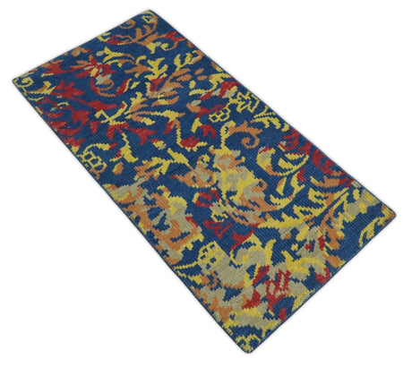 Modern Abstract 2x4 Blue, Red and Gold Hand Knotted Entryway Wool Area Rug | TRD3379124