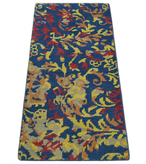 Modern Abstract 2x4 Blue, Red and Gold Hand Knotted Entryway Wool Area Rug | TRD3379124