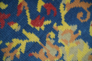 Modern Abstract 2x4 Blue, Red and Gold Hand Knotted Entryway Wool Area Rug | TRD3379124