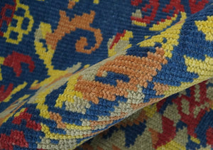 Modern Abstract 2x4 Blue, Red and Gold Hand Knotted Entryway Wool Area Rug | TRD3379124