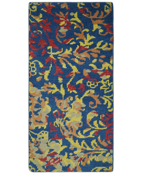 Modern Abstract 2x4 Blue, Red and Gold Hand Knotted Entryway Wool Area Rug | TRD3379124