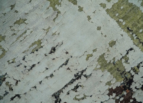 Modern Abstract 2x4 High Low Ivory and Olive Real Silk and Wool Rug made | N1924