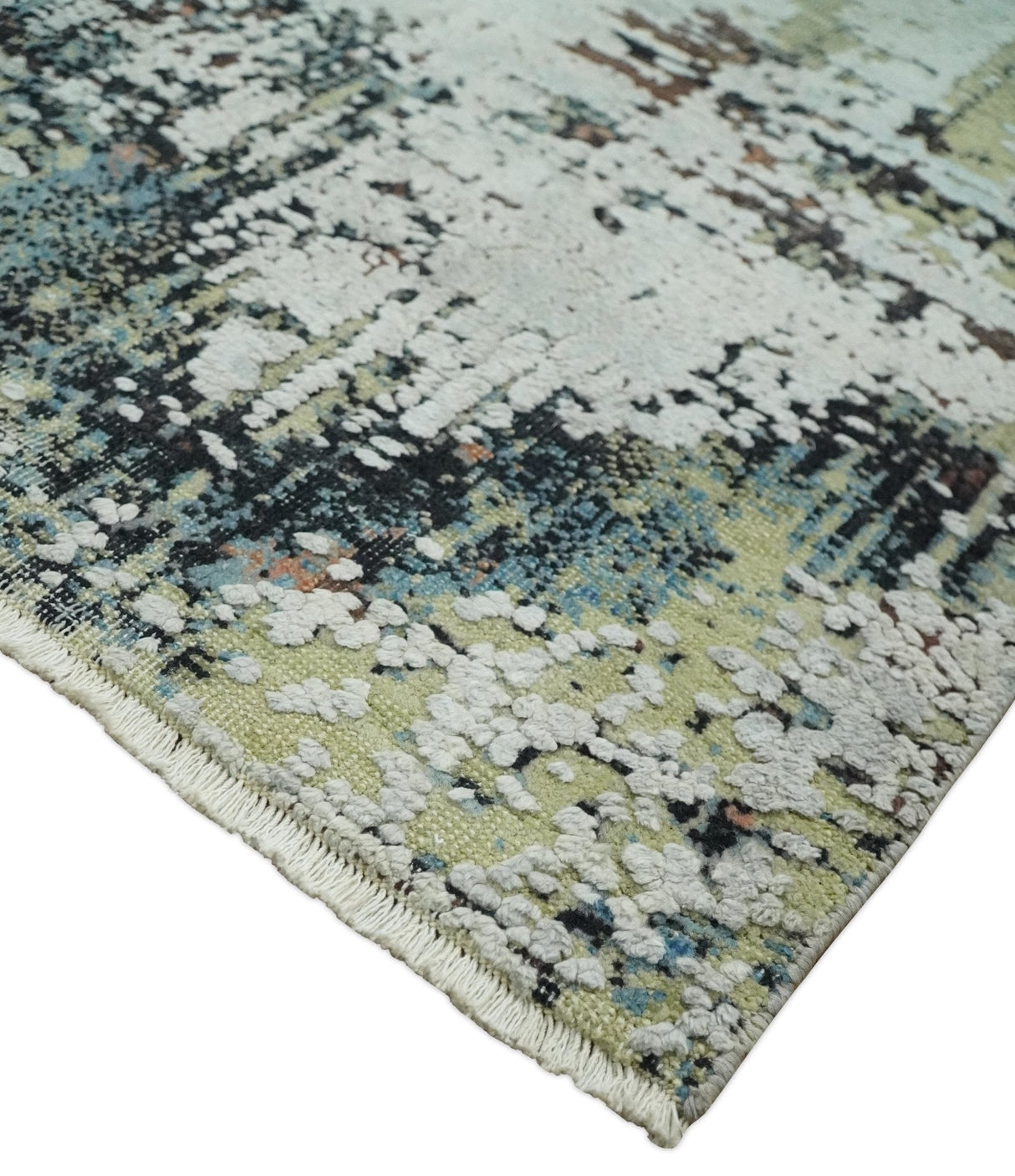 Modern Abstract 2x4 High Low Ivory and Olive Real Silk and Wool Rug made | N1924