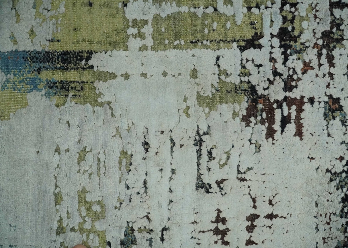 Modern Abstract 2x4 High Low Ivory and Olive Real Silk and Wool Rug made | N1924