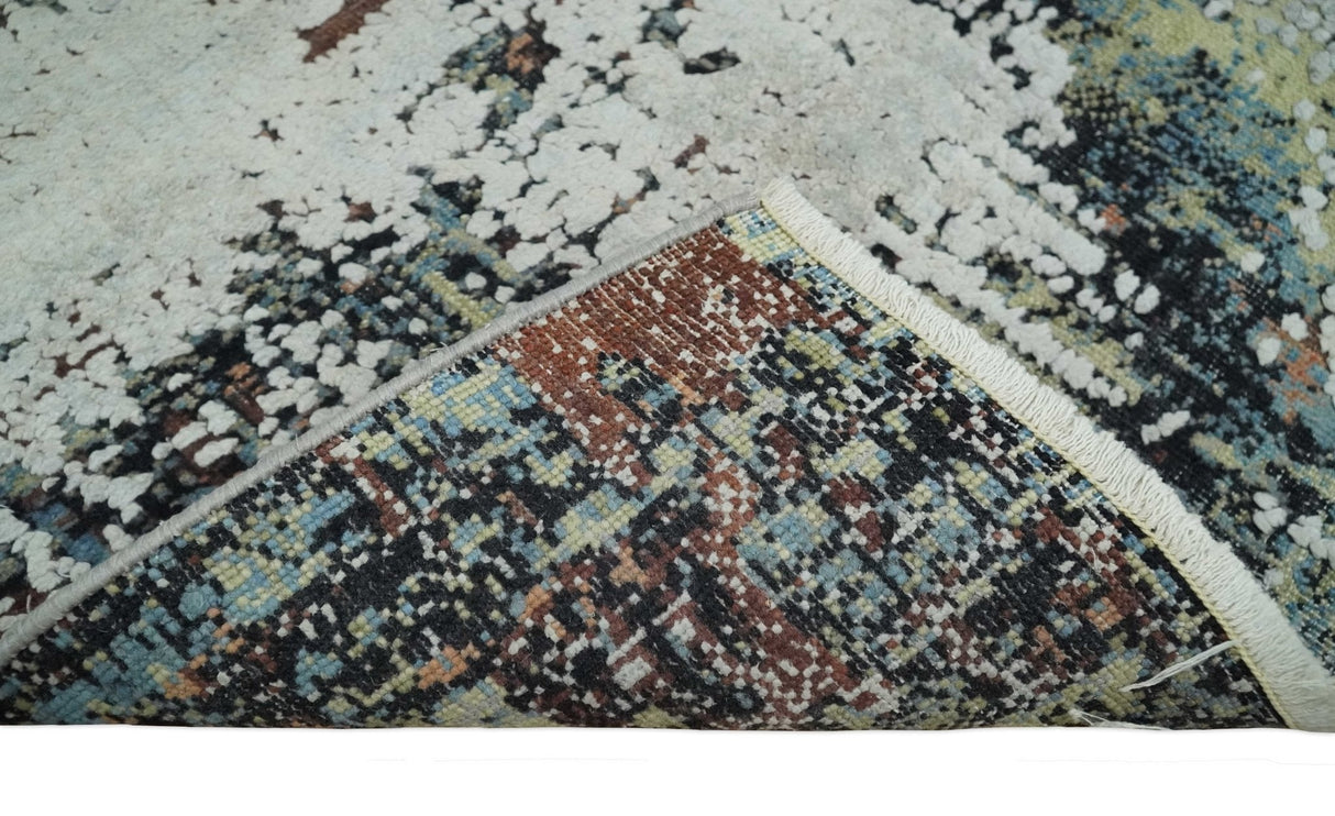 Modern Abstract 2x4 High Low Ivory and Olive Real Silk and Wool Rug made | N1924
