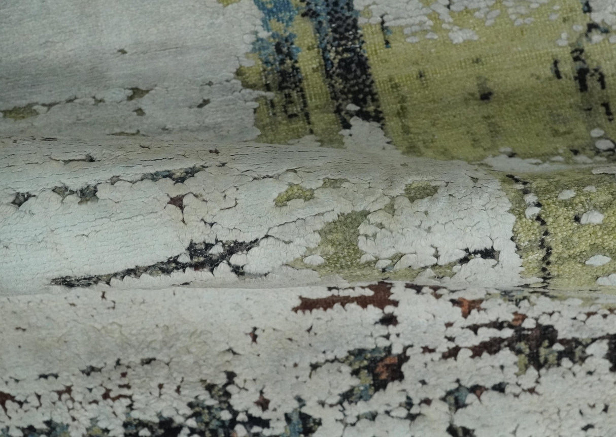 Modern Abstract 2x4 High Low Ivory and Olive Real Silk and Wool Rug made | N1924