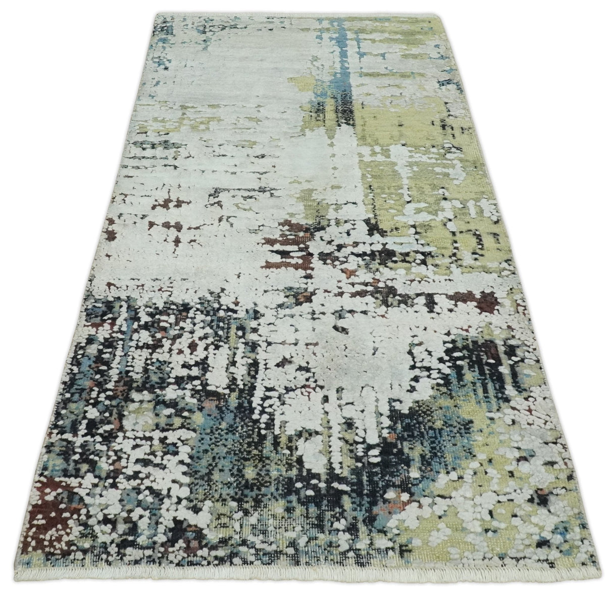 Modern Abstract 2x4 High Low Ivory and Olive Real Silk and Wool Rug made | N1924