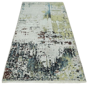 Modern Abstract 2x4 High Low Ivory and Olive Real Silk and Wool Rug made | N1924