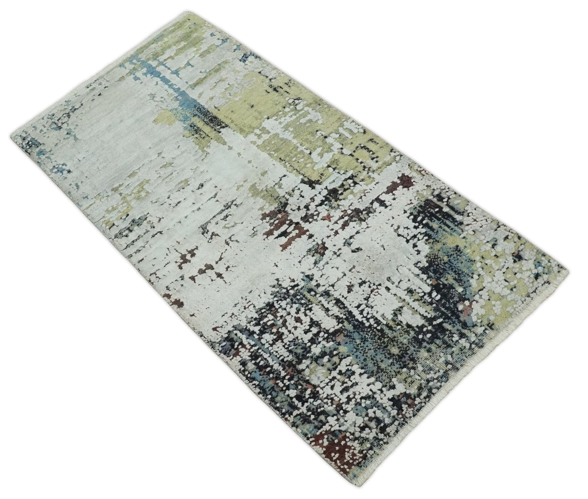 Modern Abstract 2x4 High Low Ivory and Olive Real Silk and Wool Rug made | N1924