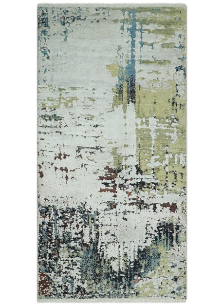 Modern Abstract 2x4 High Low Ivory and Olive Real Silk and Wool Rug made | N1924