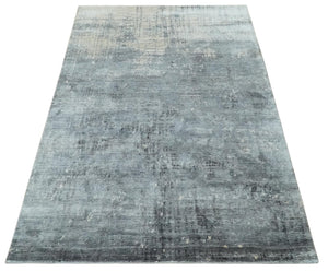 Modern Abstract 5.9x8.5 Silver, Beige and Charcoal Hand Knotted bamboo Silk Area Rug