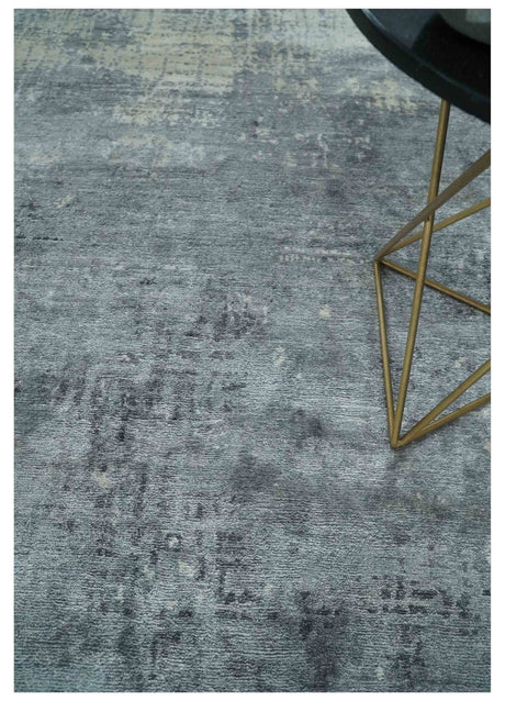 Modern Abstract 5.9x8.5 Silver, Beige and Charcoal Hand Knotted bamboo Silk Area Rug