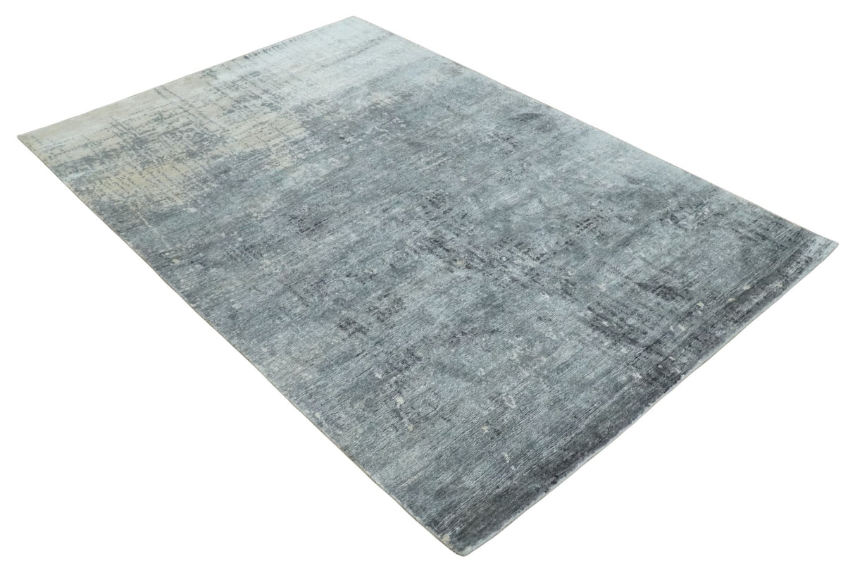 Modern Abstract 5.9x8.5 Silver, Beige and Charcoal Hand Knotted bamboo Silk Area Rug