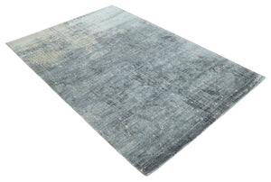 Modern Abstract 5.9x8.5 Silver, Beige and Charcoal Hand Knotted bamboo Silk Area Rug