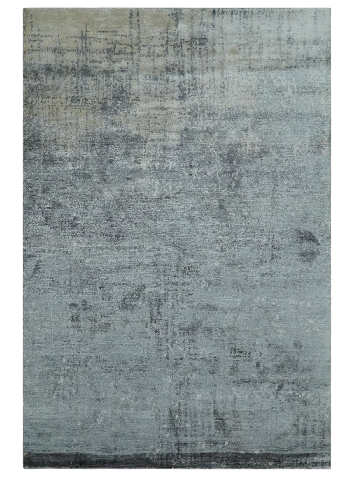 Modern Abstract 5.9x8.5 Silver, Beige and Charcoal Hand Knotted bamboo Silk Area Rug