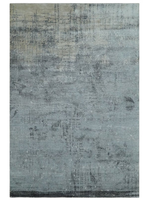Modern Abstract 5.9x8.5 Silver, Beige and Charcoal Hand Knotted bamboo Silk Area Rug