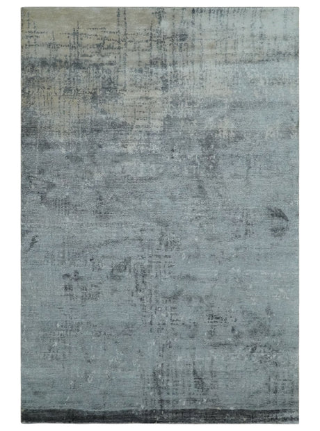 Modern Abstract 5.9x8.5 Silver, Beige and Charcoal Hand Knotted bamboo Silk Area Rug