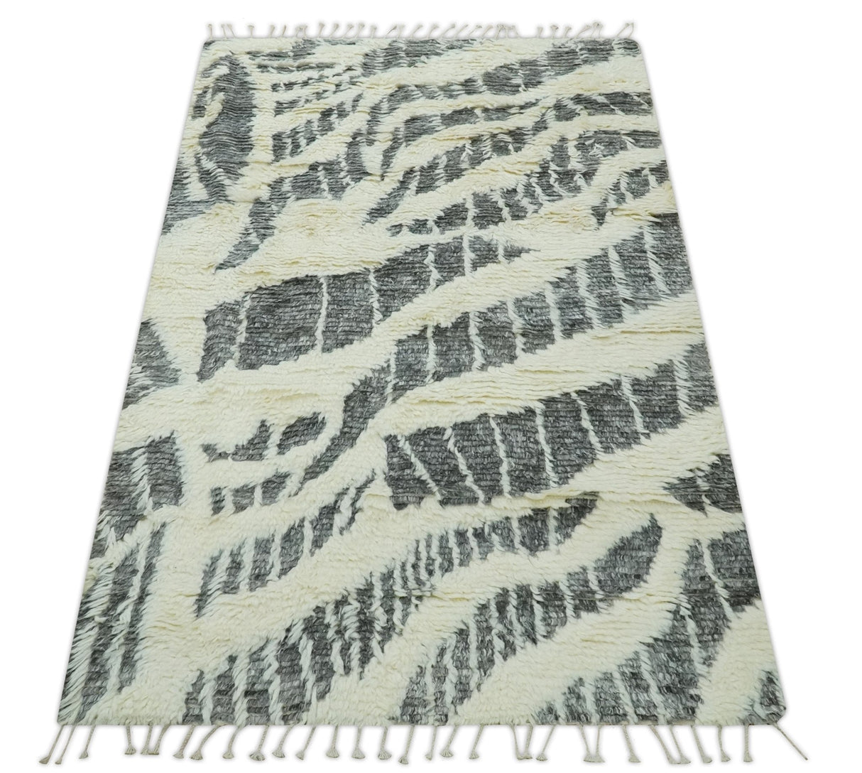 Modern Abstract 5x8 Ivory and Charcoal Texture Moroccan Style Plush Pile wool Rug