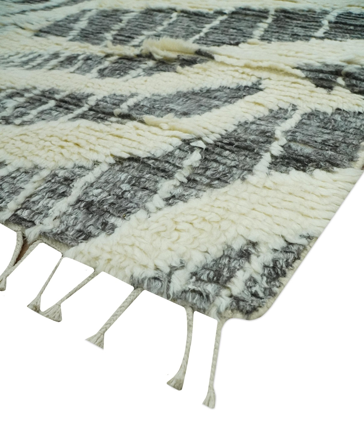 Modern Abstract 5x8 Ivory and Charcoal Texture Moroccan Style Plush Pile wool Rug