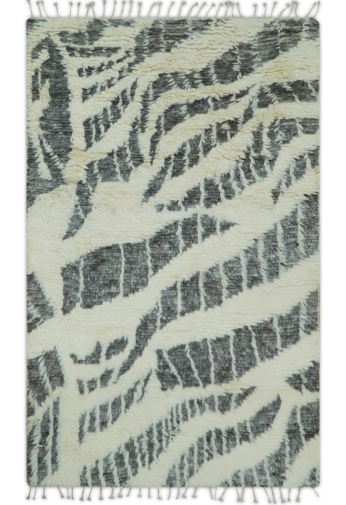 Modern Abstract 5x8 Ivory and Charcoal Texture Moroccan Style Plush Pile wool Rug