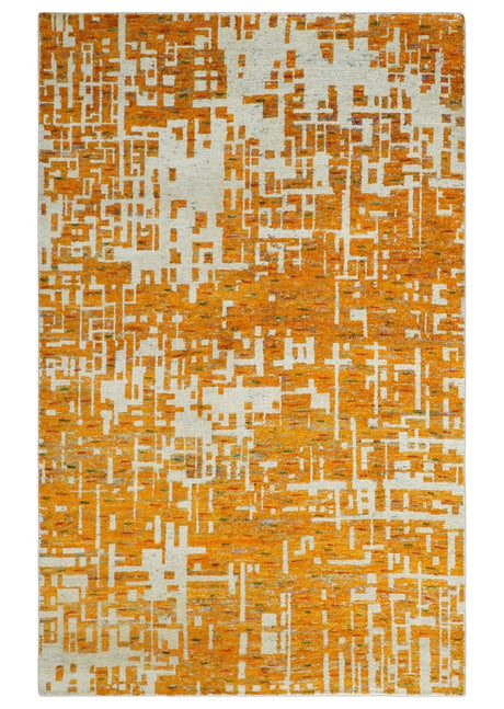 Modern Abstract 5x8 and 5.5x8.5 Gold and Ivory Recycled Art Silk Area Rug