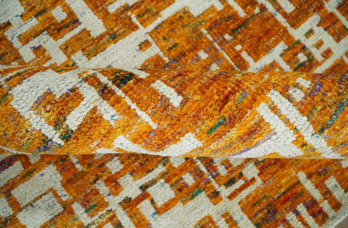 Modern Abstract 5x8 and 5.5x8.5 Gold and Ivory Recycled Art Silk Area Rug