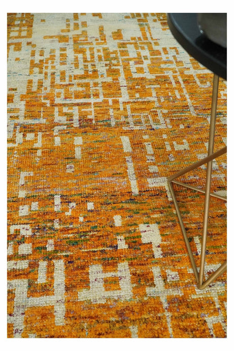 Modern Abstract 6x9 Gold and Ivory Recycled Art Silk Area Rug
