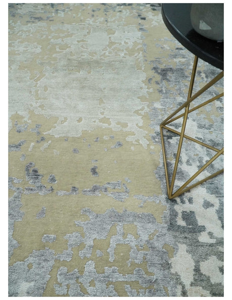 Modern Abstract 8x10 Beige, Ivory and Gray Hand Knotted Bamboo Silk and Wool Area Rug