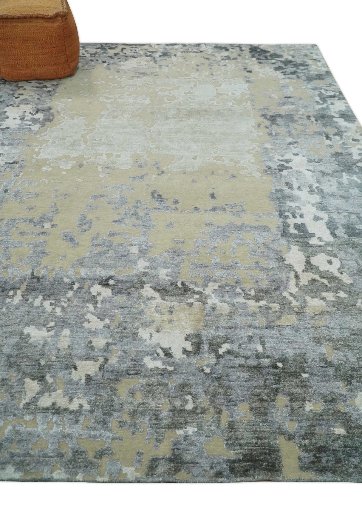 Modern Abstract 8x10 Beige, Ivory and Gray Hand Knotted Bamboo Silk and Wool Area Rug