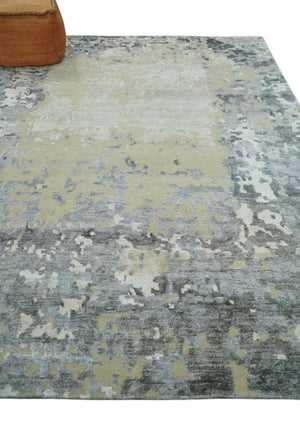 Modern Abstract 8x10 Beige, Ivory and Gray Hand Knotted Bamboo Silk and Wool Area Rug