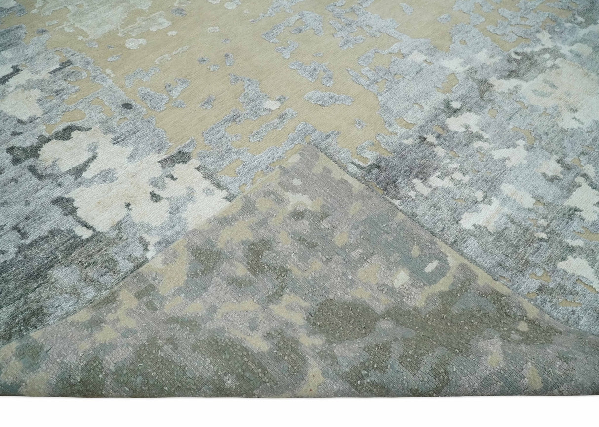 Modern Abstract 8x10 Beige, Ivory and Gray Hand Knotted Bamboo Silk and Wool Area Rug