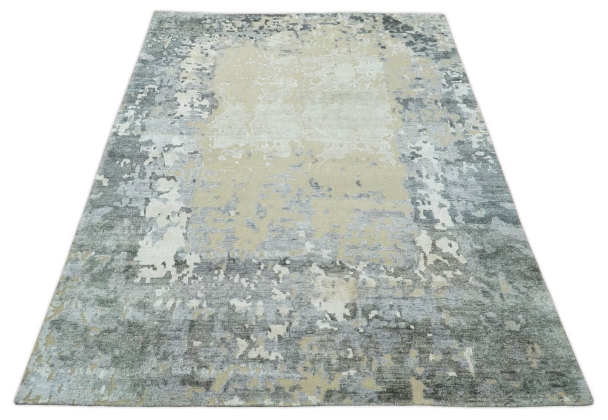 Modern Abstract 8x10 Beige, Ivory and Gray Hand Knotted Bamboo Silk and Wool Area Rug