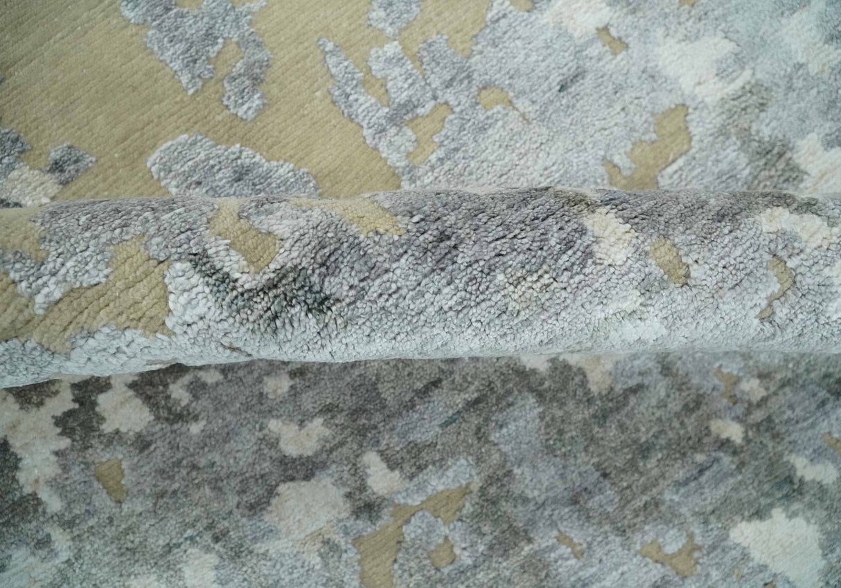 Modern Abstract 8x10 Beige, Ivory and Gray Hand Knotted Bamboo Silk and Wool Area Rug